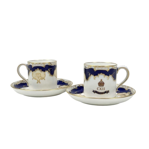 755 - Two interesting Mintons Indian Infantry coffee cups and saucers. Circa 1900, with neatly painted cro... 