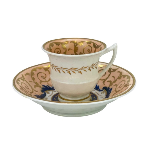 756 - An English porcelain tea and coffee set. Circa 1840, with salmon pink, blue and gilt decoration, com... 