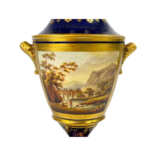 758 - An English porcelain vase. Circa 1820, painted with figures on a bridge over a river in a hilly land... 