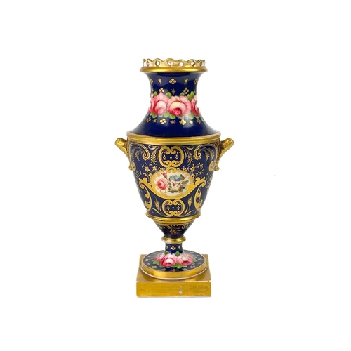 758 - An English porcelain vase. Circa 1820, painted with figures on a bridge over a river in a hilly land... 