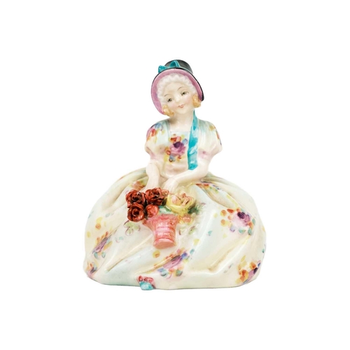 760 - Three Royal Doulton figures, a Royal Crown Derby paperweight, and a scent bottle. Comprising Monica ... 