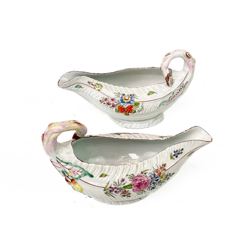 761 - A pair of Worcester cos leaf sauce boats. Circa 1758, moulded with overlapping leaves and with twig ... 