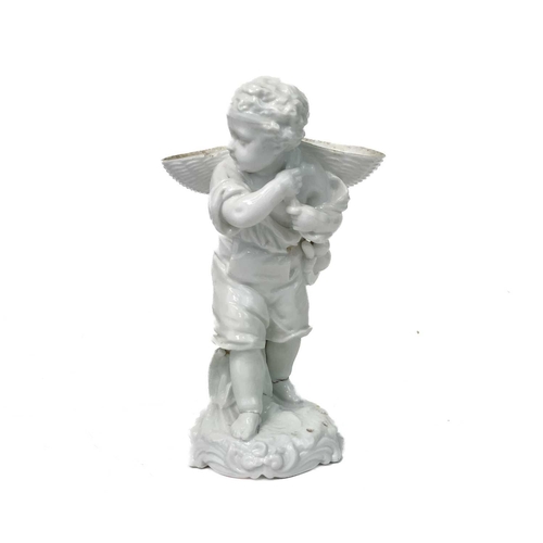 777 - A Dresden white glazed figure of a boy with a basket. 19th century, with a scythe and bottle at his ... 