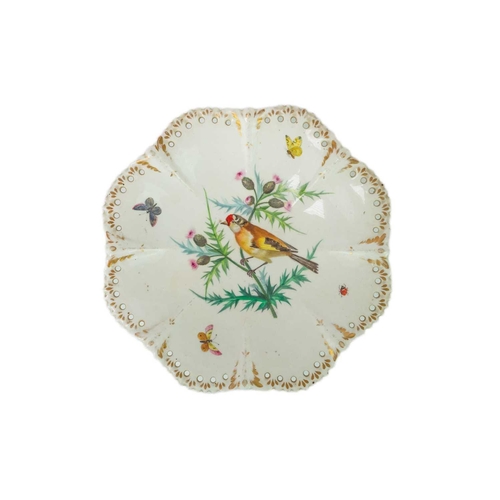 778 - An ornate Victorian bone china comport. Painted with a goldfinch amidst thistles, with butterflies a... 