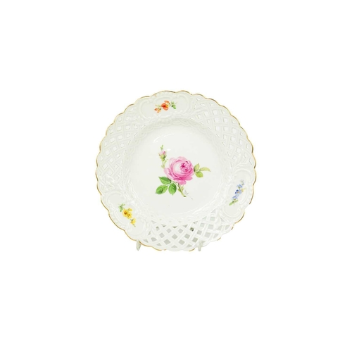 782 - A set of five Meissen Hausmaler ribbon plates and a similar larger plate. Each painted a differing f... 