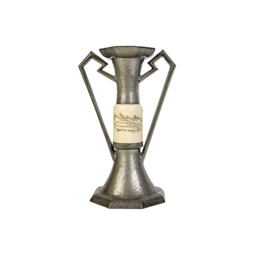 797 - A pewter mounted Royal Doulton series ware twin-handled vase. Inscribed 'A Cottage Home, his clean h... 