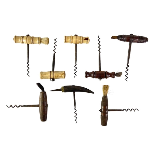 82 - A collection of bone and hardwood direct pull corkscrews with brushes. (8)