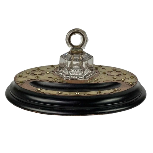 89 - A Victorian brass mounted ebonised walnut inkstand. Fitted a hexagonal glass inkwell, width 34cm.