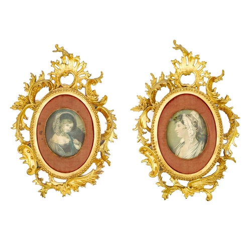 94 - A pair of small Florentine carved gilt wood rococo style frames. Circa 1900, height 32cm.