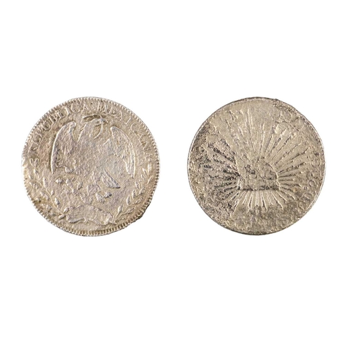 51 - Two Silver Mexican Dollars, 1869 From Crescent City wreck, 1871, 19.6g and 21.4g. (2)