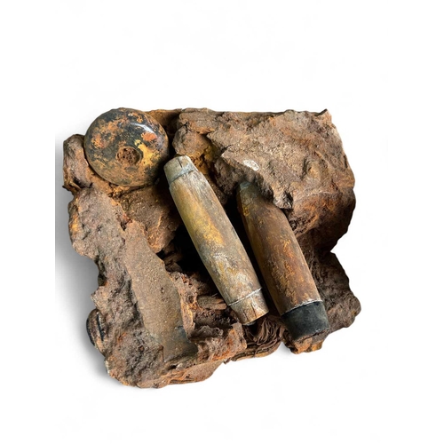 1115 - Three conglomerate finds one includes wooden handles and a glass or ceramic bead, another includes b... 