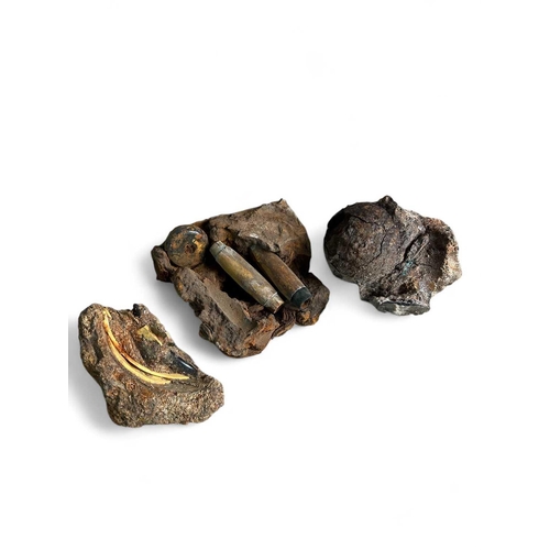 1115 - Three conglomerate finds one includes wooden handles and a glass or ceramic bead, another includes b... 