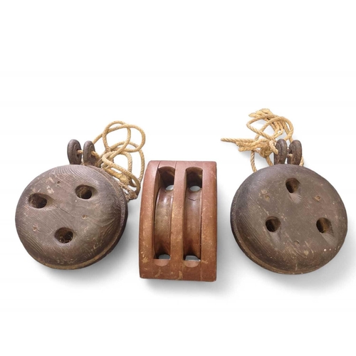 1126 - Two salvaged oak Dead-Eyes, and a Double Pulley Block Each dead-eye 21cm in diameter.