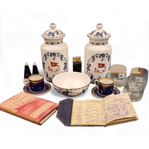 1130 - White Star Line Replica porcelain and glassware including two lided pots, cups and saucers etc; 'A N... 