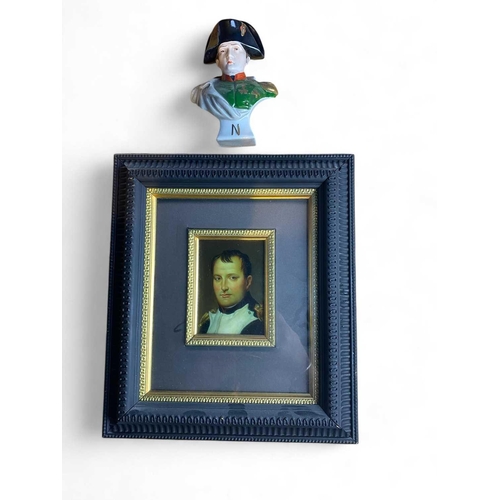 172 - Napoleon Bonaparte A small portrait on metal after Jacques-Louis David 10 x 7cm, and a ceramic bust,... 