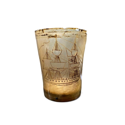 201 - Early 19th century scrimshaw decorated horn beaker Depicting a frigate and sailing vessels off a hea... 