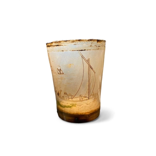 201 - Early 19th century scrimshaw decorated horn beaker Depicting a frigate and sailing vessels off a hea... 