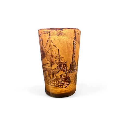 219 - Scrimshaw A horn beaker engraved with Victory, other ships and Nelson's column signed P Garrard 9.8c... 