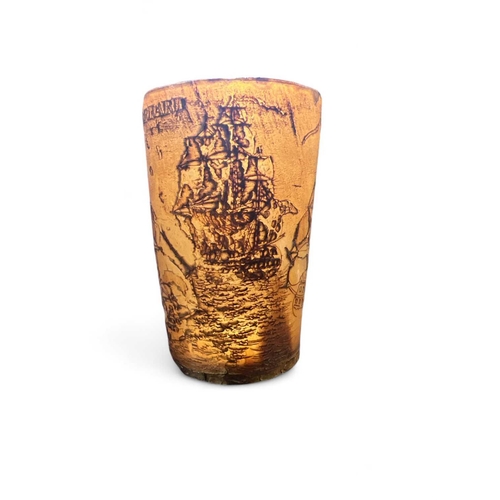 219 - Scrimshaw A horn beaker engraved with Victory, other ships and Nelson's column signed P Garrard 9.8c... 