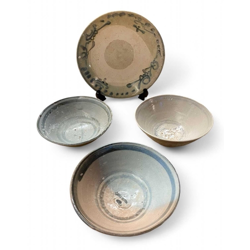 273 - Three Ming dynasty rice bowls and a shallow dish Diameter 18.5cm and 13 - 14cm