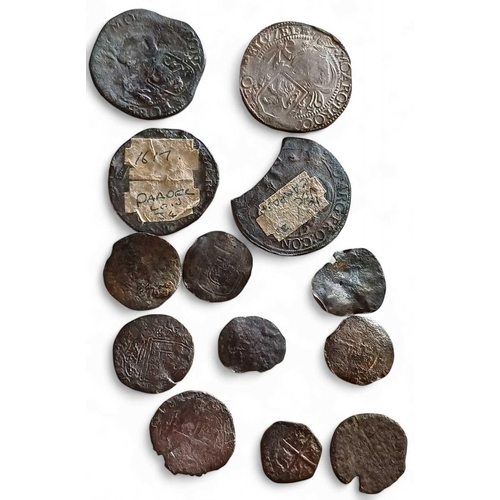 693 - Dutch East India Company 'Campen', 1627. Four various Lion daalder wreck coins, and nine other coins... 