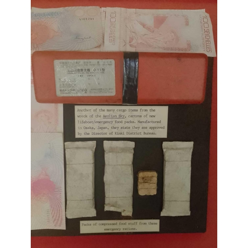 728 - MV. Aeolian Sky Items From The Wreck Including packs of compressed food from emergency rations, a ca... 