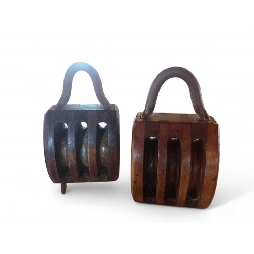 806 - A Pair of Ship's Triple Wooden Internal Bound Blocks Each teak and metalwork (2)