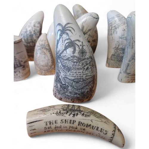 884 - Scrimshaw Fifteen resin replicas, and a top set of dentures. (16)