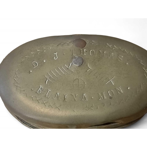 891 - Blaina Mine, Monmouthshire Welsh miner’s oval twist snuff tin Brass, engraved ‘D.J. Thomas Blaina, M... 