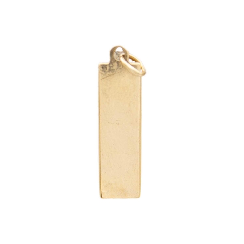 103 - A small 9ct hallmarked gold ingot pendant. Length 23mm, 4.1g.