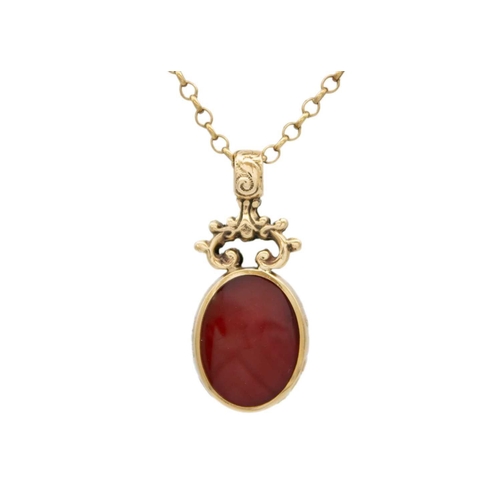 107 - A modern 9ct double-sided agate set pendant, on a 9ct belcher 20