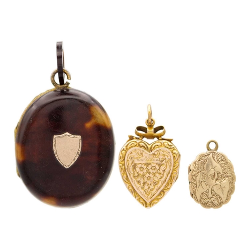 125 - A Victorian pique pendant locket, and two 9ct pendant lockets. The tortoiseshell locket length 3.5cm... 