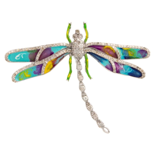 126 - A silver diamond set dragonfly brooch/pendant. The wings and legs inlaid with multi-colour enamel, s... 