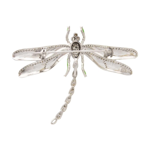 126 - A silver diamond set dragonfly brooch/pendant. The wings and legs inlaid with multi-colour enamel, s... 