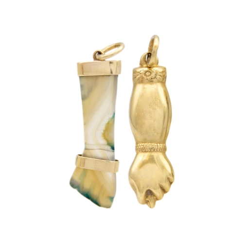 129 - An 18k gold hollow 'Figa' pendant and 9k gold agate 'Figa' pendant The 18k gold pendant is 3.8cm dro... 