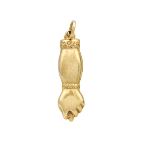 129 - An 18k gold hollow 'Figa' pendant and 9k gold agate 'Figa' pendant The 18k gold pendant is 3.8cm dro... 