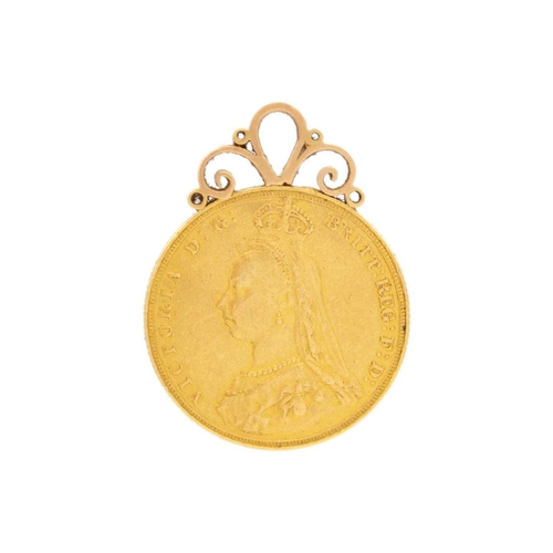 132 - A 9ct mounted 1887 sovereign gold coin pendant. 8.7g.