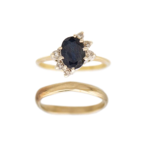 139 - An 18k gold dark blue sapphire and diamonds ring and 9k gold band ring Hallmarked import Birmingham ... 