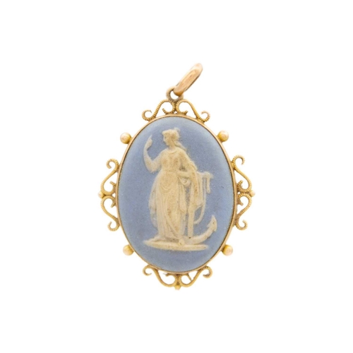 154 - Two gold mounted cameo pendants. One has an oval Wedgwood jasperware panel, the mount stamped C&F Ld... 