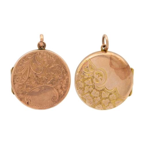 156 - Two 9ct locket pendants. One of disc form with foliate scroll engraved decoration stamped BACK & FRO... 