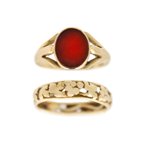 157 - A ct gold cornelian ladies signet ring and a 9ct fruiting vine band ring by Rebecca M Smith. The lad... 