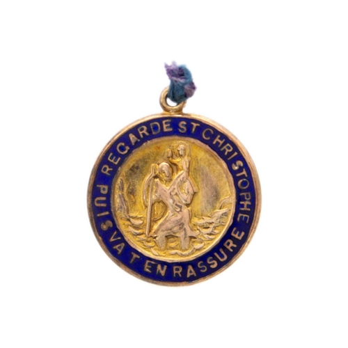 167 - A 9ct armorial enamel shield applied bar brooch and a small 9ct enamel St Christopher pendant. The b... 