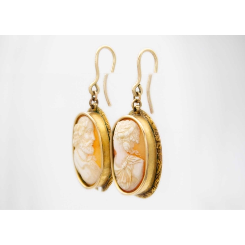 168 - A high purity gold (tests 14ct mount portrait shell cameos earring fitted on 9k gold (tested) hooks ... 