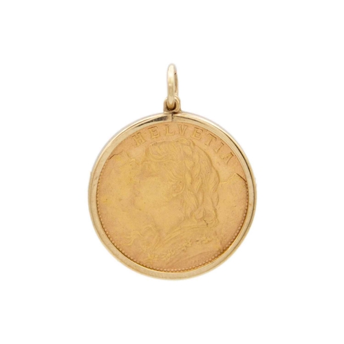 179 - A 9ct Swiss 1947 20 franc Helvetia - F.Landry gold coin pendant. 7.3g.