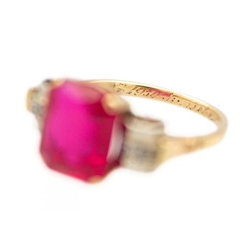 184 - An Austrian 14ct gold synthetic ruby and diamond dress ring The ring had an ingraving in German date... 