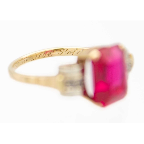 184 - An Austrian 14ct gold synthetic ruby and diamond dress ring The ring had an ingraving in German date... 