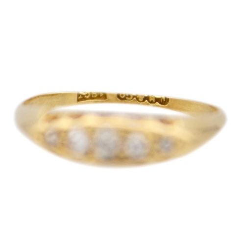 215 - A 18k diamond five stone ring The boat shape design ring has an old mine round cut diamonds, the pri... 