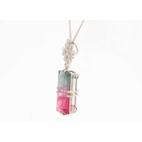 22 - A rare bi-colour tourmaline and diamond pendant, set in 18ct white gold. The tourmaline measuring 22... 