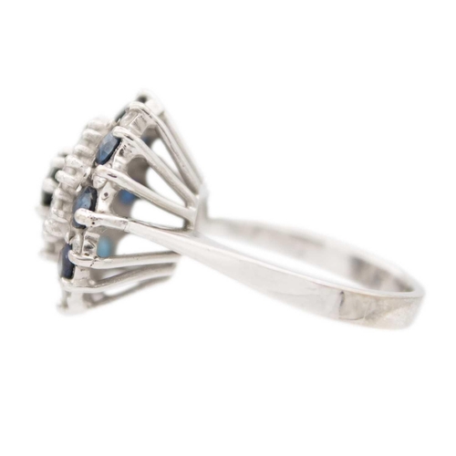 222 - An 18k white gold sapphire and diamond cluster ring Size M, head 1.8cm diameter, 7.93g.