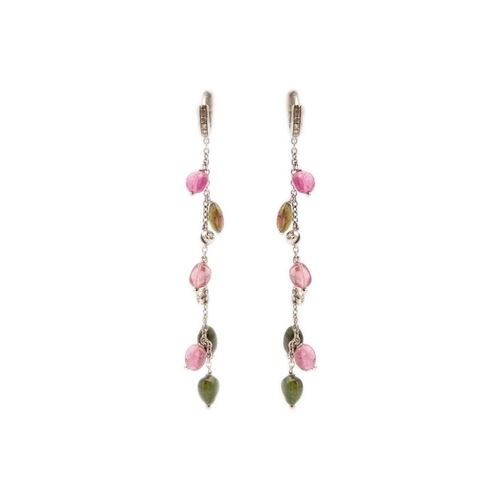 23 - An 18ct white gold tourmaline and cubic zirconia set fringe necklace and earring set. The necklace d... 